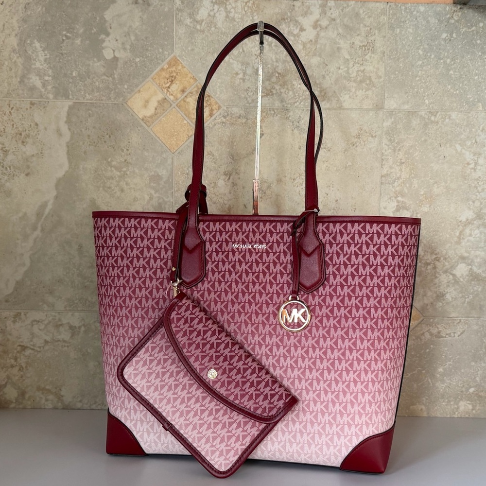 Michael Kors Eva Large Tote Shoulder Bag + 1 Pouch MK Ombre Cherry - Picture 4 of 15